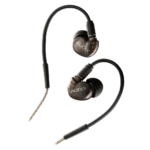 AUD studio-quality earphones with extended bass response, side profile showing ergonomic design