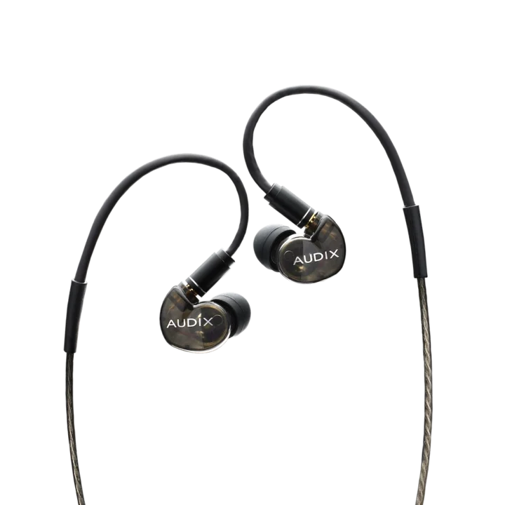 Audix A10 in-ear monitors Studio Quality earphones shown from side angle displaying ergonomic design and cable configuration