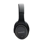 AUD Studio Reference headphones rear panel showing cable connection and acoustic design details