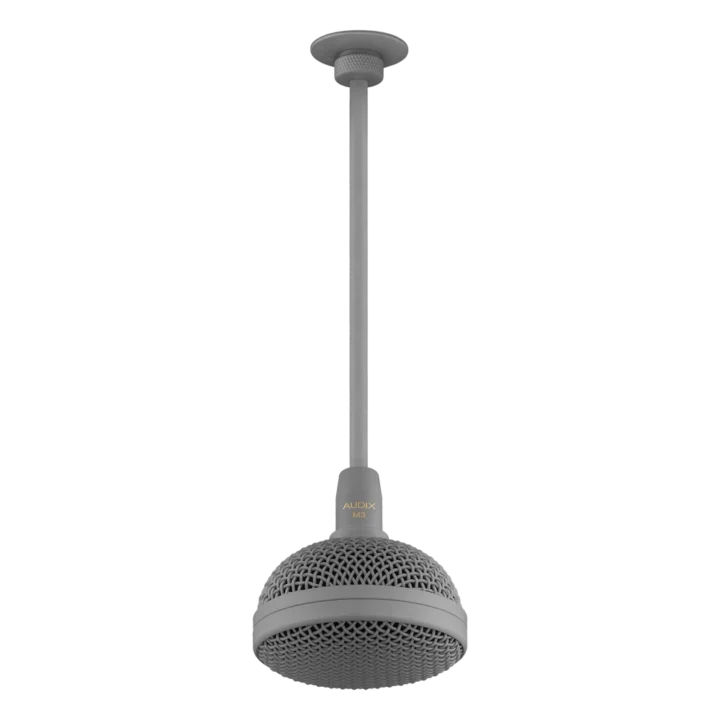 AUD tri-element hanging ceiling microphone showing capsule detail and mounting hardware