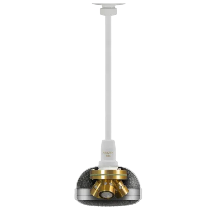 AUD Tri-Element hanging ceiling microphone showing capsule detail and mounting hardware