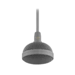AUD tri-element hanging ceiling microphone showing suspension mount and capsule configuration from side angle