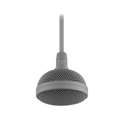 AUD tri-element hanging ceiling microphone showing suspension mount and capsule configuration from side angle
