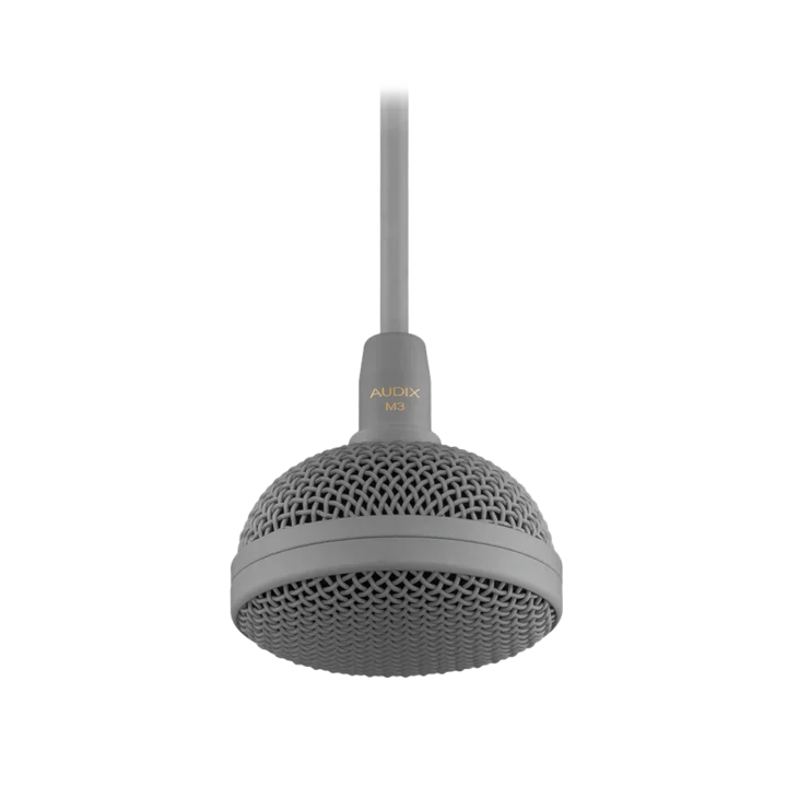 AUD tri-element hanging ceiling microphone showing suspension mount and capsule configuration from side angle