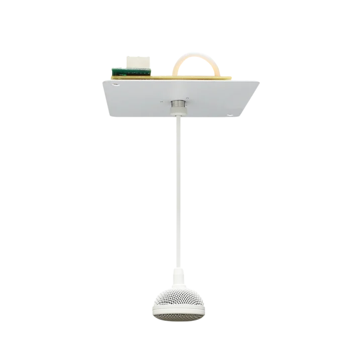 AUD tri-element hanging ceiling microphone showing top-mounted capsule array and suspension hardware