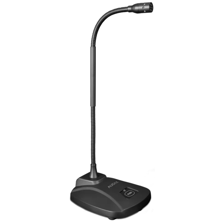 AUD USB12 condenser microphone shown from side angle with XLR connector visible