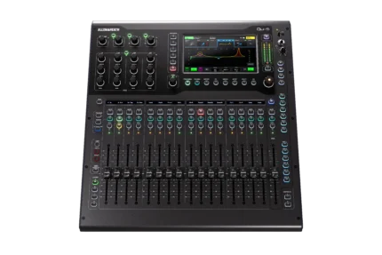 Allen & Heath Qu-5 digital mixer showing faders, touchscreen display, and control interface