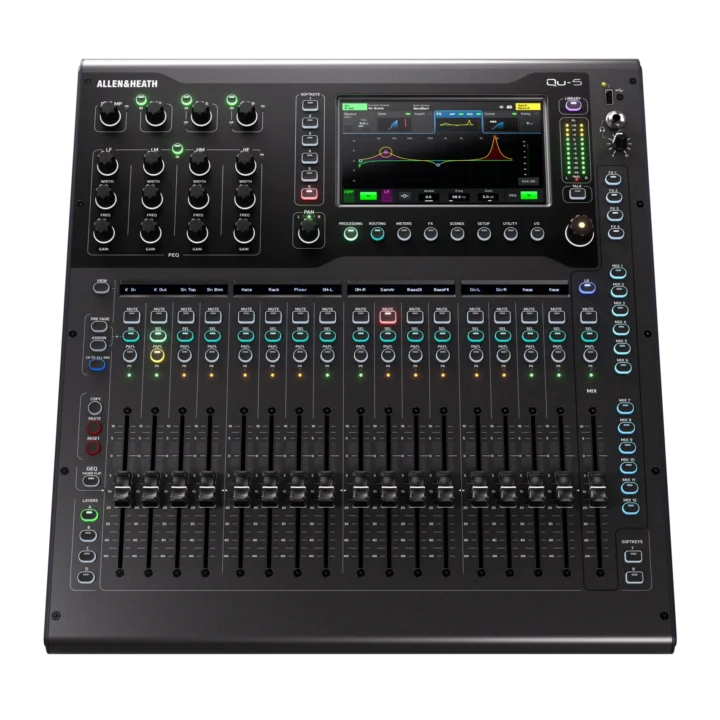 Allen & Heath Qu-5 digital mixer showing faders, touchscreen display, and control interface