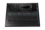 Allen & Heath Qu-6 digital mixer showing faders, touchscreen display, and control interface