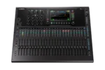 Allen & Heath Qu-6 digital mixer showing faders, touchscreen display, and control interface