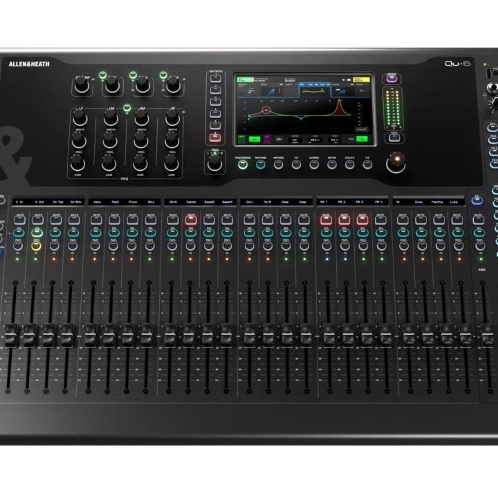 Allen & Heath Qu-6 digital mixer showing faders, touchscreen display, and control interface