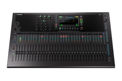 Allen & Heath Qu-7 digital mixer showing faders, encoders, and touchscreen interface from side angle