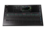 Allen & Heath Qu-7 digital mixer showing faders, encoders, and touchscreen interface from side angle