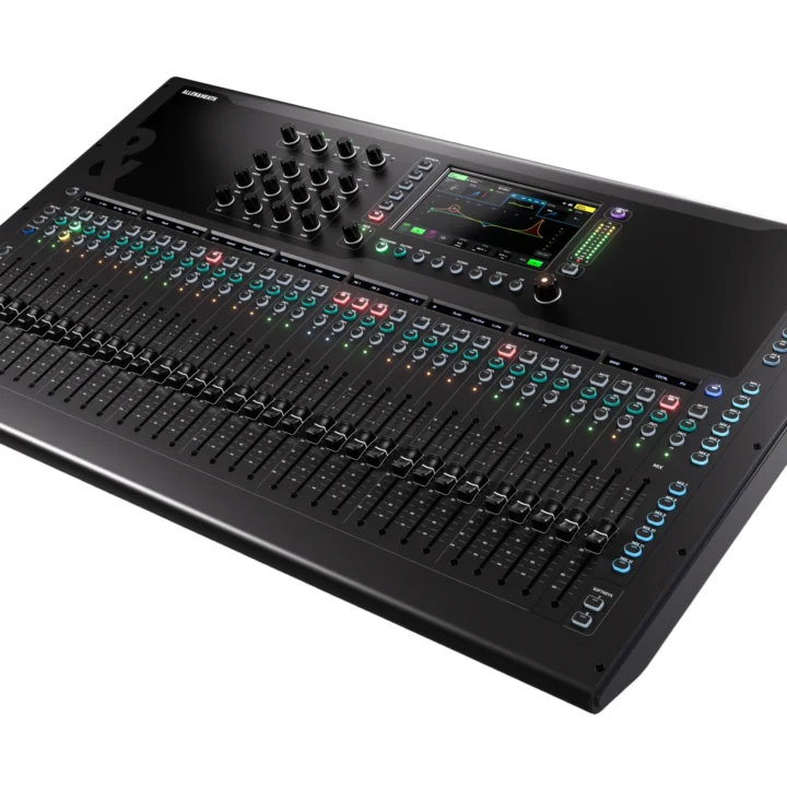 Allen & Heath Qu-7 digital mixer with faders, touchscreen display, and control surface