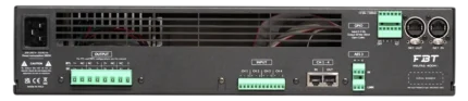 FBT MIURA 4004I 4-channel power amplifier rear panel showing XLR inputs, speaker outputs, and DSP controls