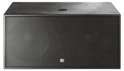 FBT MUSE 218S passive subwoofer rear panel showing dual 18-inch drivers and connection terminals