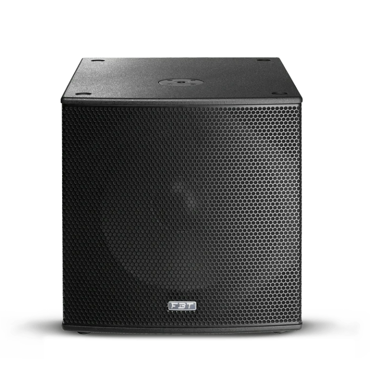 FBT SUBLINE 118SA powered subwoofer rear panel showing XLR inputs, amplifier controls, and specifications