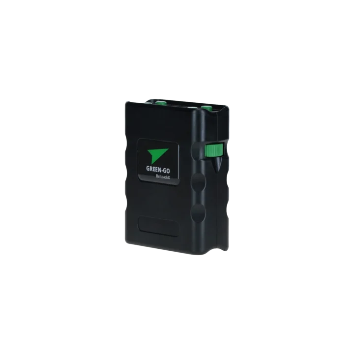 Green-GO Beltpack X digital intercom beltpack with front-facing controls and display screen