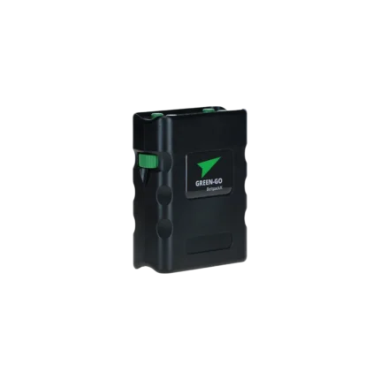 Green-GO Beltpack X wireless intercom beltpack unit shown from side angle with control interface