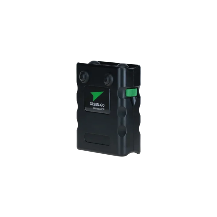 Green-GO Beltpack X Sport wireless intercom system with front-facing controls and display
