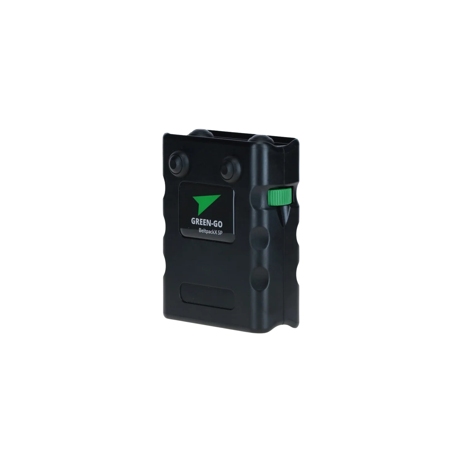 Green-GO Beltpack X Sport Wireless Intercom Front View Green-GO Beltpack X Sport wireless intercom system with front-facing controls and display