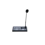 Green-GO Gooseneck Microphone L mounted on broadcast desk with professional audio setup