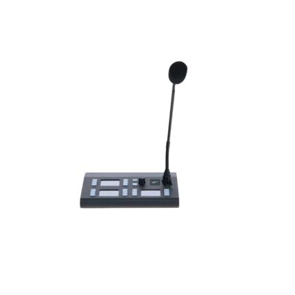 Green-GO Gooseneck Microphone L mounted on broadcast desk with professional audio setup