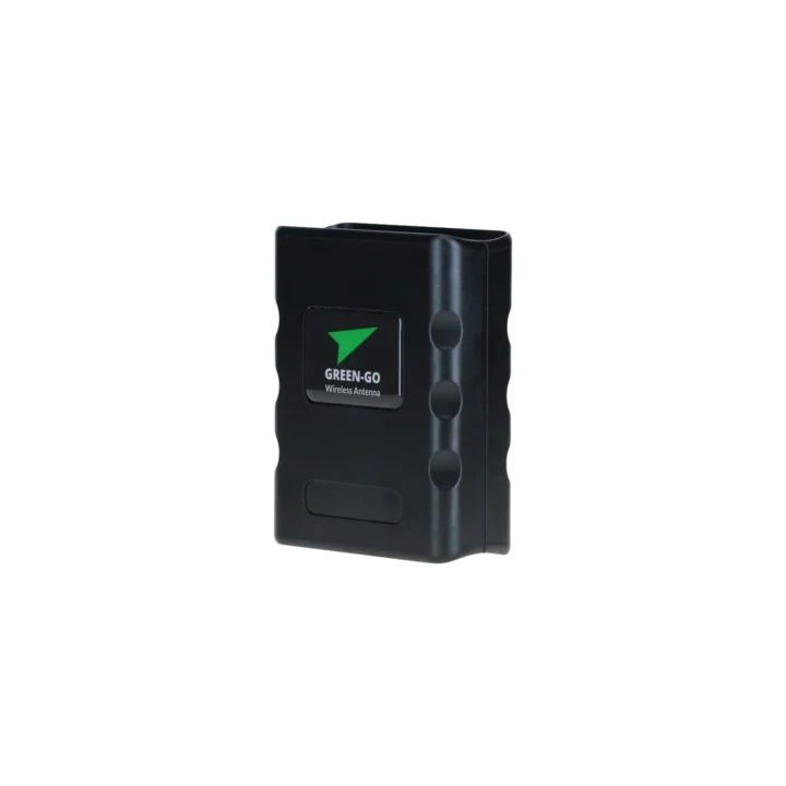 Green-GO wireless antenna front view with mounting bracket and connector ports