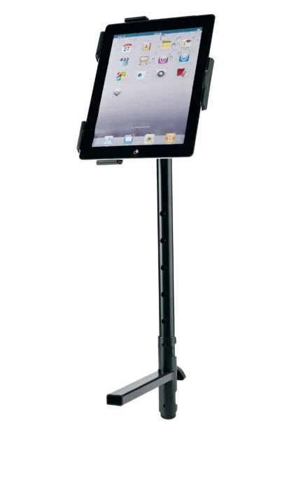 K&M black accessory mounting arm installed on microphone stand in studio setup