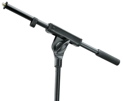 K-M boom arm microphone stand with adjustable counterweight and mounting hardware front view