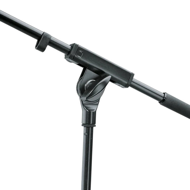 K-M boom arm microphone stand with adjustable counterweight and mounting hardware front view