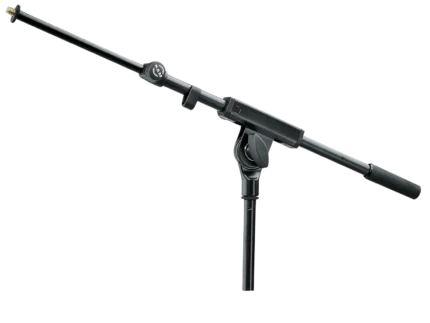 K-M boom arm microphone stand with adjustable counterweight and mounting hardware front view