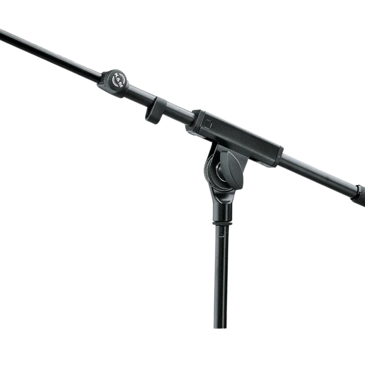 K-M boom arm microphone stand with adjustable counterweight and mounting hardware front view
