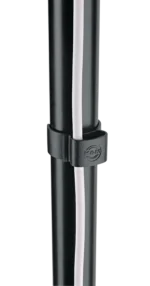 K&M black cable clamps installed on speaker stand securing audio cables