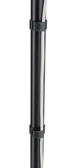 K&M black cable clamps mounted on speaker stand pole, side profile view showing clamp mechanism