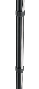 K&M black cable clamps mounted on speaker stand pole, side profile view showing clamp mechanism