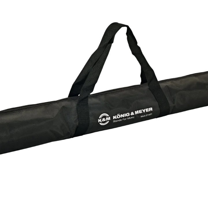 K&M carrying case with black exterior, reinforced handles, and protective padding for professional audio equipment