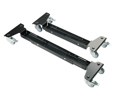 K&M caster set with black wheels for music stands, front view showing dual wheel design