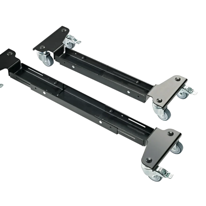 K&M caster set with black wheels for music stands, front view showing dual wheel design