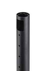 K&M Design monitor stand rear panel showing adjustment mechanisms and mounting hardware in structured black finish