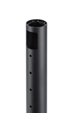 K&M Design monitor stand rear panel showing adjustment mechanisms and mounting hardware in structured black finish