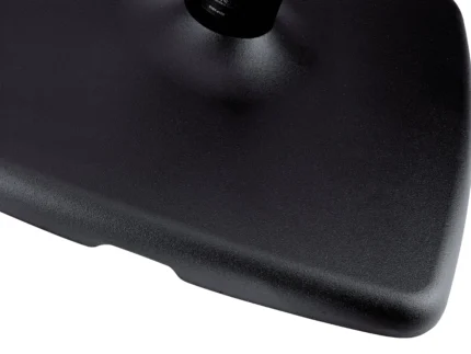 K&M Design monitor stand side profile showing adjustable height range and structured black finish