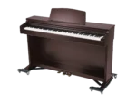 K&M digital piano trolley black finish shown from side angle with wheels and frame