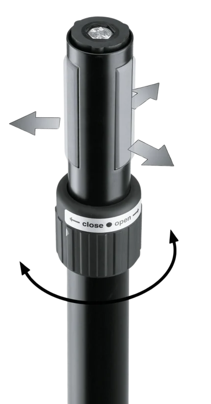 K&M distance rod with ring-lock mechanism in black, showing secure mounting hardware detail