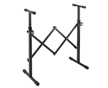 K&M black equipment stand with tripod base and adjustable height mechanism for audio gear