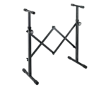 K&M black equipment stand with tripod base and adjustable height mechanism for audio gear