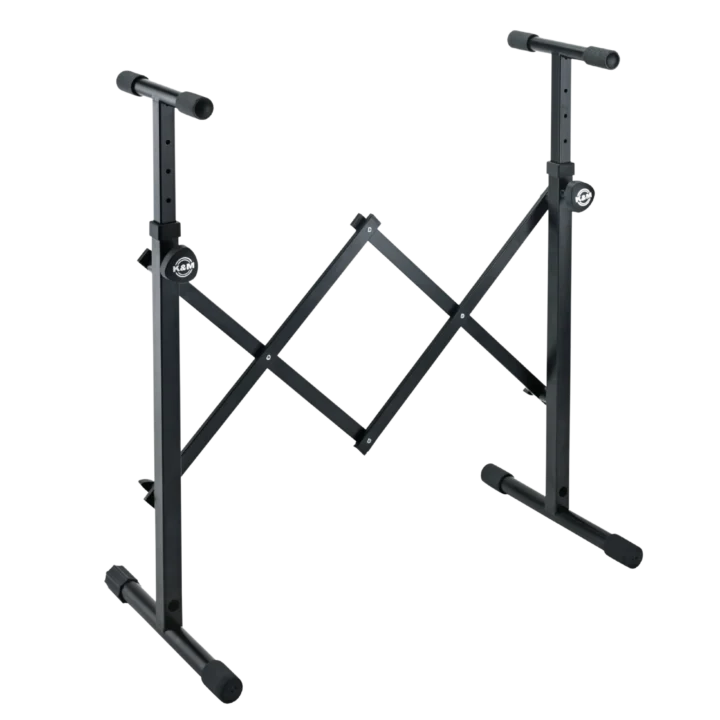 K&M black equipment stand with tripod base and adjustable height mechanism for audio gear