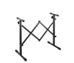 K&M equipment stand black finish showing dimensional measurements and specifications