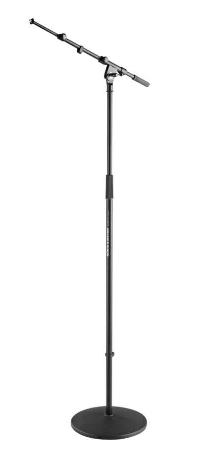 K&M heavy duty microphone stand with adjustable boom arm and black finish, front view