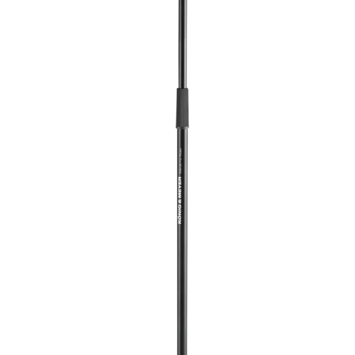 K&M heavy duty microphone stand with adjustable boom arm and black finish, front view